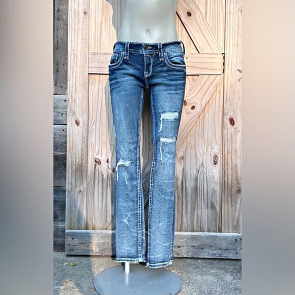 Rock Revival Stretch Denim Low Rise Distressed Taye Straight Leg Jeans~26~ - Picture 1 of 7